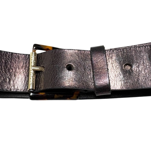 belt MICHAEL KORS black leather tortoise shell S/M buckle 1.5" wide gold accent - Picture 4 of 9